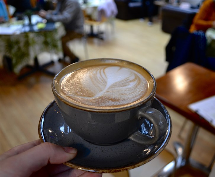 A latte served at our dog friendly cafe with wifi