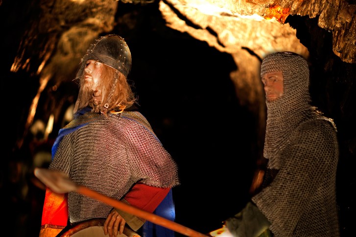 King Arthur and his men in King Arthur's Labyrinth in Mid Wales